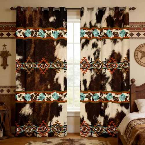 Vista 33 de Cortinas opacas de estilo bohemio occidental de 76 x 45 pulgadas, cortinas y cortinas de atrapasueños de vaca, cortinas del suroeste, cortinas