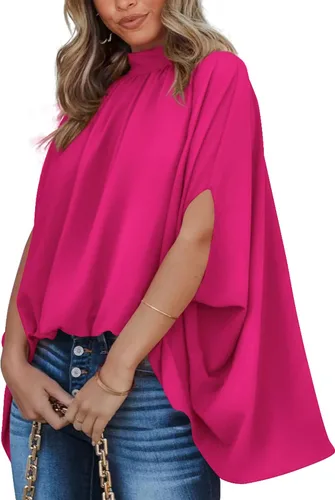 Vista 60 de BTFBM Blusas de verano para mujer, cuello alto falso, manga murciélago, holgadas, dobladillo alto y bajo, blusas informales de gran