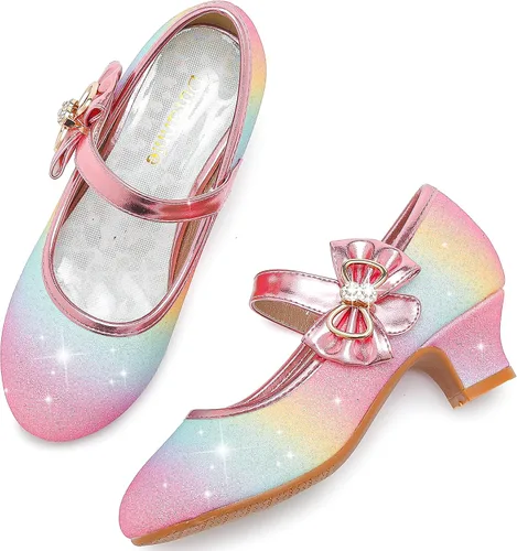 Vista 3 de Dufannie Zapatos de vestir para niñas, zapatos de tacón bajo de princesa, zapatos planos con purpurina para bodas y fiestas