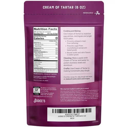 Vista 2 de Judee's Gluten Free Cream of Tartar - Estabilizador para hornear y crema de tártaro para hornear, sin gluten y sin OMG, apto para dieta cetogénica