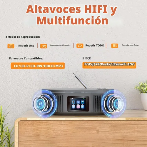 Vista 13 de DESOBRY, Reproductor de CD Boombox portátil con modos Bluetooth TX/RX y Negro