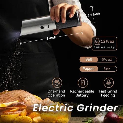Vista 2 de VEVOK CHEF Juego de molinillo eléctrico de sal y pimienta, recargable con luz LED, tipo C, gravedad automática, acero inoxidable, molino