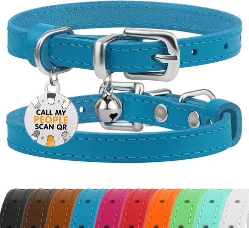 Vista 21 de BRONZEDOG Collar de cuero para gato con campanas extraíbles sin liberación rápida, etiqueta QR para gatito para niña y niño