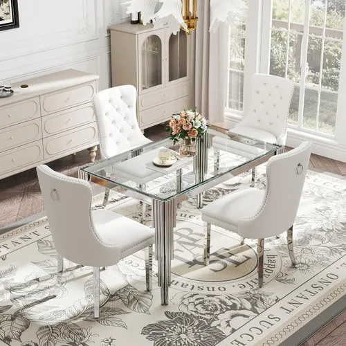 Vista 11 de Juego de mesa de comedor de cristal de 5 piezas para 4, mesa de cocina cuadrada de 37 pulgadas con 4 sillas tapizadas de terciopelo negro, mesa