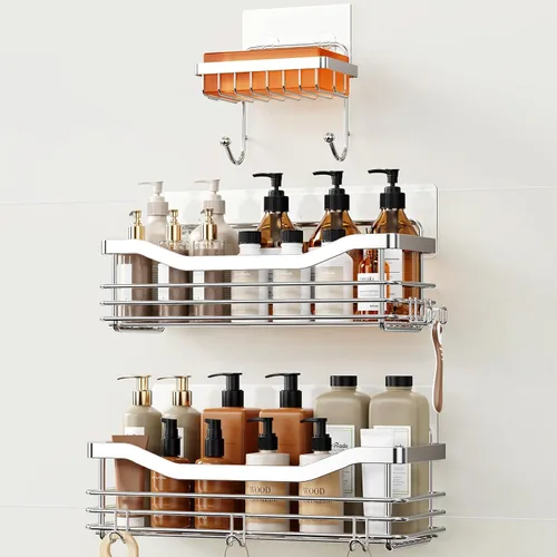 Vista 10 de Orimade Cesta de ducha con 5 ganchos, organizador de baño, estante de almacenamiento de cocina, adhesivo montado en la pared, sin perforaciones