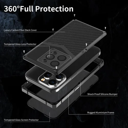 Vista 2 de Funda de fibra de carbono de lujo con funda de aluminio para iPhone 13 Pro de 6.1 pulgadas, funda protectora militar a prueba de golpes
