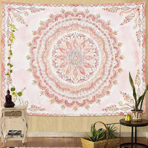 Vista 45 de Fowocu Tapiz bohemio con mandala floral para colgar en la pared, medallón de flores bohemias, tapiz estético, beige, naranja, hippie, indio, pequeño
