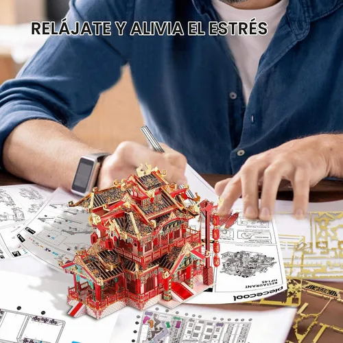 Vista 6 de Piececool Rompecabezas 3D para adultos, kits de modelos de metal, rompecabezas de metal 3D de reataurant antiguo chino, rompecabezas de construcción