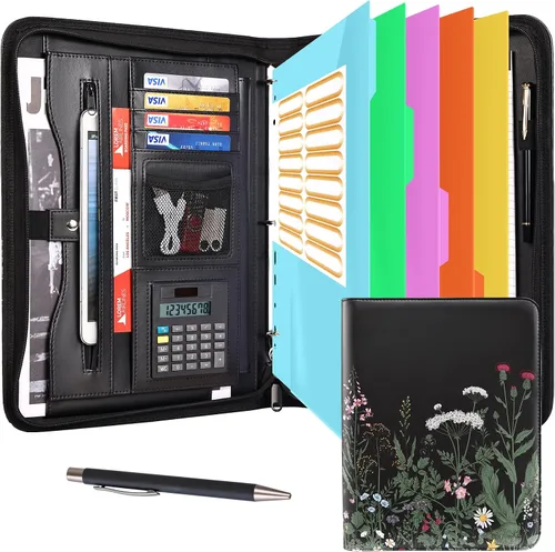 Vista 16 de Eshow Padfolio para hombres y mujeres con bolígrafo, cartera de cuero con cremallera, organizador profesional de currículum de entrevistas