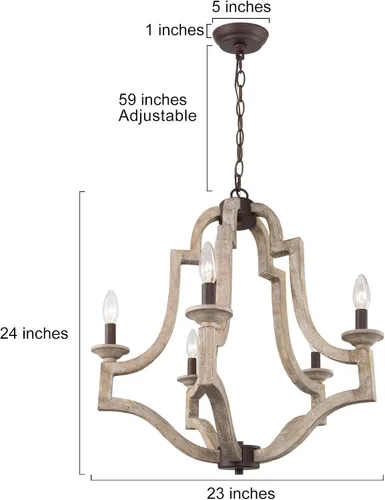 Vista 2 de Candelabros de granja para comedor, lámpara de madera rústica, lámpara de araña francesa de 5 luces para isla de cocina, sala de estar, dormitorio