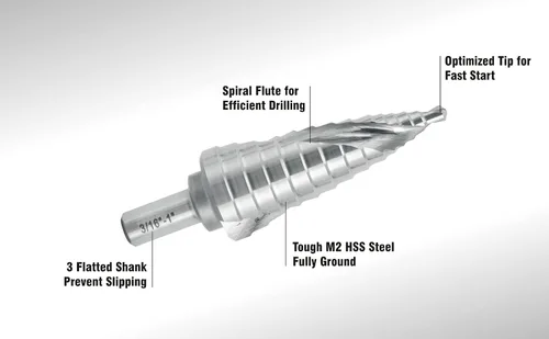 Vista 4 de Broca escalonada industrial HSS de 3/16 a 1 pulgada con vástago de 3/8 pulgadas, flauta espiral doble Unibit con tamaño de 14 escalones para metal