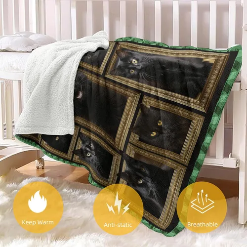 Vista 4 de Manta de gato negro, regalos para mujeres y hombres, acogedora manta suave y mullida para sofá, cama, viajes, manta ligera de franela de felpa