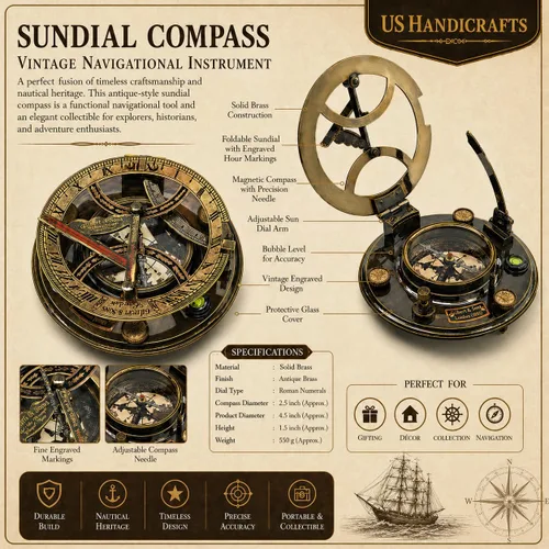 Vista 2 de Brújula de reloj de sol marítima antigua Brújula de bolsillo grabada personalizada para él, decoración náutica de cobre y latón, regalo de velero