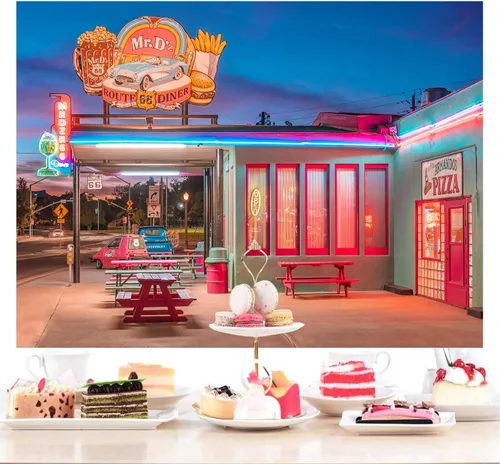 Vista 6 de Telón de fondo retro para restaurante de 10 x 7 pies, ruta 66, tienda de conveniencia, luces de neón de calle, fondo nostálgico, de los años 50
