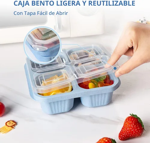 Vista 5 de Paquete de 4 Cajas Bento, 4 Compartimentos Contenedores de Snacks para Almuerzo con Tapas para Preparación de Comidas, Escuela, Viaje, Contenedores