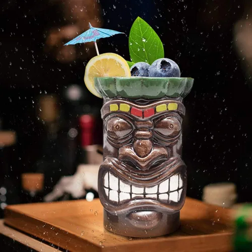 Vista 4 de LINALL Tiki Mugs - Juego de 4 vasos grandes de cerámica hawaiana Luau para fiesta, lindos vasos de cóctel exóticos, Tiki Bar profesional hawaiano