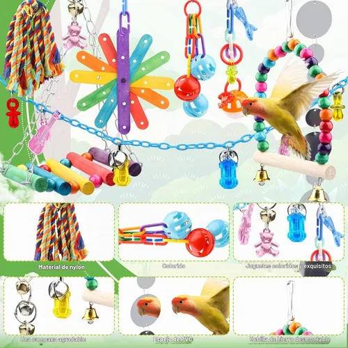 Vista 5 de QUOZUO 9 piezas de juguetes para pájaros de cacatúa, accesorios de jaula de loros, cuerda de columpio, juguete de masticación de perca de madera
