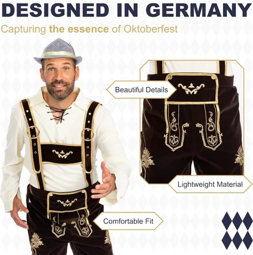 Vista 4 de MOKE Conjunto de disfraz de Oktoberfest para hombre - Lederhosen, camisa, calcetines, sombrero - hombres adultos, participantes del Oktoberfest