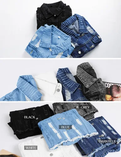 Vista 3 de Omoone Chaqueta de mezclilla de manga abombada rasgada para mujer