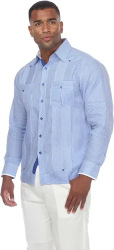 Vista 10 de Mojito - Guayabera de manga larga para hombre, 100% lino, panel de contraste y pliegues tonales