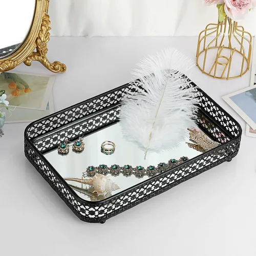 Vista 6 de ELLDOO - Bandeja negra para perfumes y maquillaje, bandeja de joyería con talla hueca, organizador de vidrio y metal para baratijas para cómoda