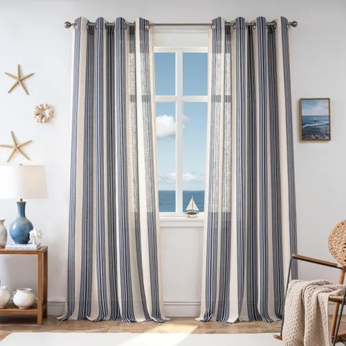 Vista 59 de DriftAway Cortinas de estilo granja con rayas verticales de lino mezclado texturizado con filtro de luz semitransparente para sala de estar
