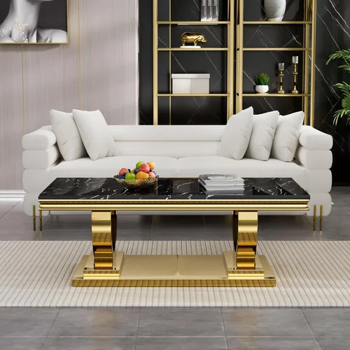 Vista 60 de SSLine Mesa de Centro Rectangular de Mármol Sintético para Sala de Estar, Mesa Central Moderna de Mármol Blanco de Lujo con Base Doble en Forma de U