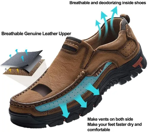 Vista 4 de YONGJIA Mocasines clásicos de cuero para exteriores, antideslizantes, ligeros, transpirables, zapatos casuales para senderismo