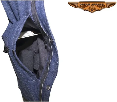 Vista 5 de Chaleco de mezclilla para hombre con ribete de cuero, 2 bolsillos para pistola