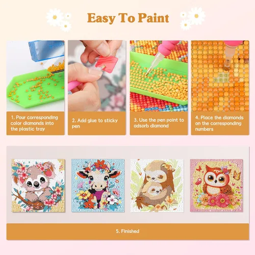 Vista 4 de Paquete de 4 kits de arte de diamantes para niños y adultos principiantes, kits de pintura de diamantes de dibujos animados 5D para niños, kits