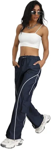 Vista 5 de FENGQIYUNHAI Y2K - Pantalones deportivos de paracaídas para mujer, de tiro bajo, holgados, de pierna ancha, pantalones cargo para mujer