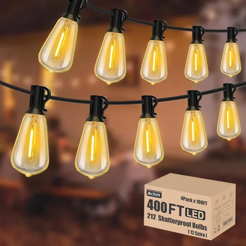Vista 16 de Achin 50FT Solar String Lights Outdoor with 32 LED Bulbs 1.5FT Bulbs Spacing,Patio String Lights Whith Remote, IP65 Waterproof, 3600mAm Battery