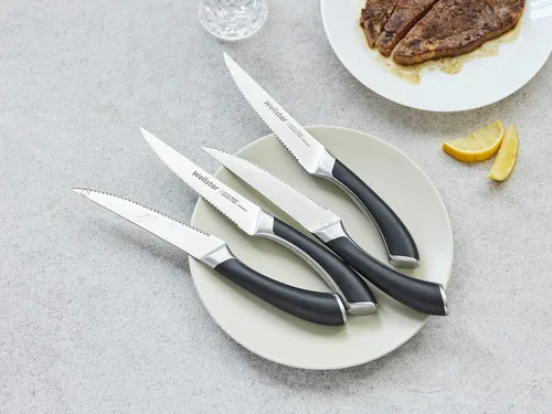 Vista 5 de WELLSTAR Juego de 4 cuchillos para carne, hoja dentada de acero inoxidable alemán resistente a la corrosión, mango ergonómico de espiga completa