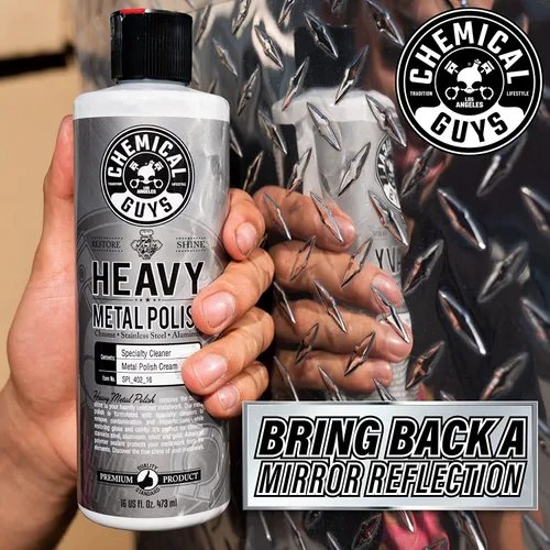 Vista 2 de Chemical Guys, Heavy Metal Polish SPI_402_16 - Abrillantador pesado restaurador y protector para metales (16 oz) y toallas de microfibra de grado