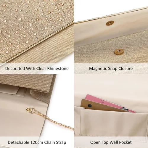 Vista 7 de DETARA Bolsos de noche para mujer, con lentejuelas y purpurina para mujer, bolso de mano brillante, bolso formal para boda, fiesta, baile