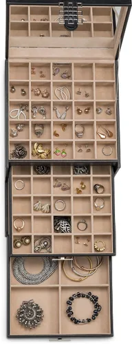Vista 4 de Glenor Co Soporte organizador de aretes, 75 ranuras pequeñas y 4 grandes, caja de joyería clásica con cajón y cierre moderno, espejo, 4 bandejas