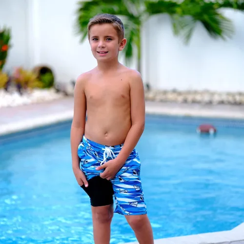 Vista 3 de Funnycokid Traje de baño para niños, con forro de compresión, traje de baño de secado rápido, pantalones cortos de playa para niños de 4 a 12 años