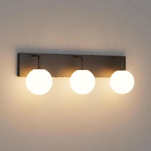 Vista 11 de Tipace Lámpara de tocador negra, 2 luces modernas sobre espejo con globo blanco leche blanca para baño (excluye bombilla)