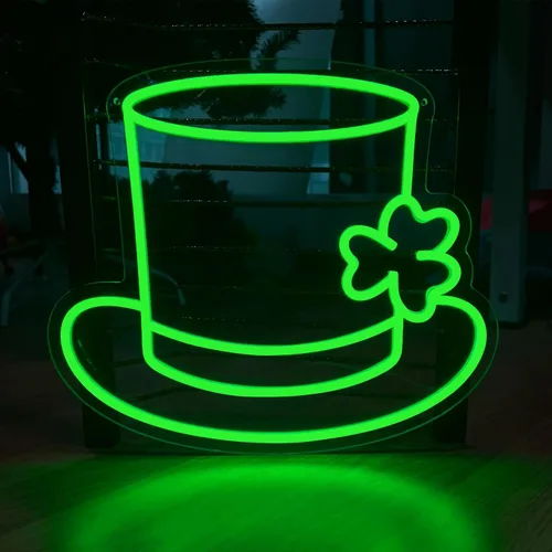 Vista 9 de Letrero LED de trébol de neón con diseño de trébol de San Patricio, color verde claro, sombrero de la suerte, trébol, para decoración de pared