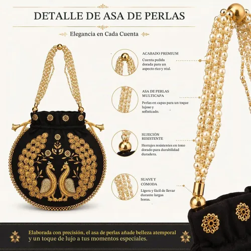 Vista 8 de Bolsa de terciopelo bordada para mujer, bolsa con cordón, regalo de boda dorado para mujer Negro