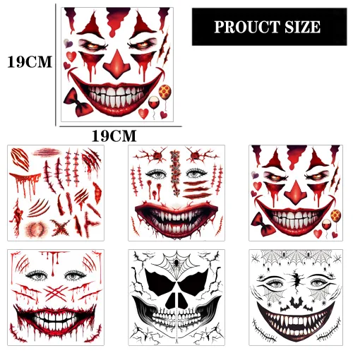 Vista 2 de 5 hojas de tatuajes faciales aterradores de Halloween + 1 hoja de tatuaje de cicatrices falsas, tatuaje de boca sangrienta, maquillaje de zombi