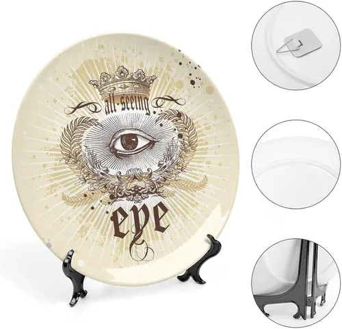 Vista 4 de XISUNYA Plato decorativo de 6 pulgadas, porcelana redonda, con emblema vintage, ramas de laurel victoriano, corona impresa, para colgar en la pared