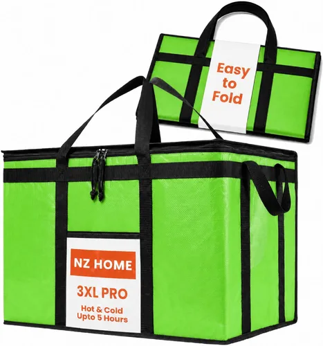 Vista 47 de Bolsa térmica XXL aislada y calentador de alimentos para entrega y compras de comestibles con parte superior con cremallera, color negro