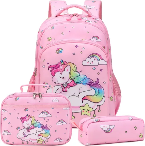 Vista 8 de Juego de mochila para niñas y adolescentes, mochila escolar para niños con bolsa para el almuerzo, estuche para lápices, mochilas escolares
