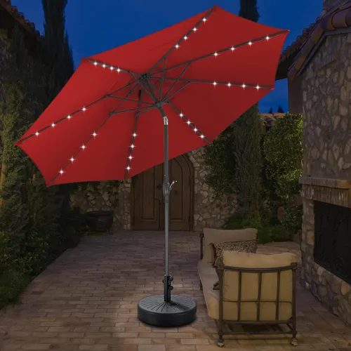 Vista 36 de Sombrilla solar de patio de 10 pies con base, 32 luces LED, sombrilla de mercado al aire libre con botón de inclinación y grietas para jardín Azul