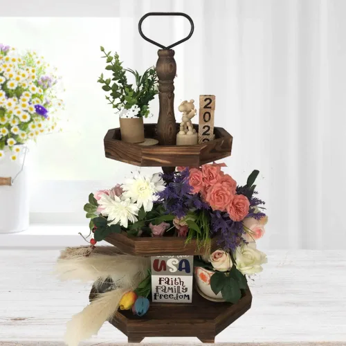 Vista 9 de MRPAPA Soporte de bandeja de 3 niveles, decoración de cocina de granja grande con fácil montaje, bandejas decorativas rústicas de 3 niveles, soporte