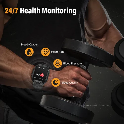 Vista 4 de Reloj inteligente militar para hombre, reloj inteligente deportivo al aire libre de 2.02 pulgadas con linterna, frecuencia cardíaca, oxígeno y Negro