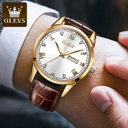 Vista 3 de OLEVS Tienda Watches reloj de cuero marrón para hombre reloj luminoso para hombre reloj de vestir para hombre reloj de cuarzo de moda para hombre