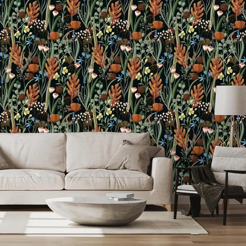 Vista 4 de VEELIKE Papel tapiz floral negro para despegar y pegar, papel de contacto floral seco silvestre para armarios, cajones, paredes, 17.7 x 354