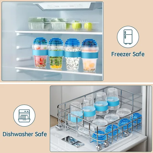 Vista 5 de Paquete de 4 tazas de yogur para parfait con tapas reutilizables, recipientes de plástico de 20 onzas para avena para llevar con compartimento